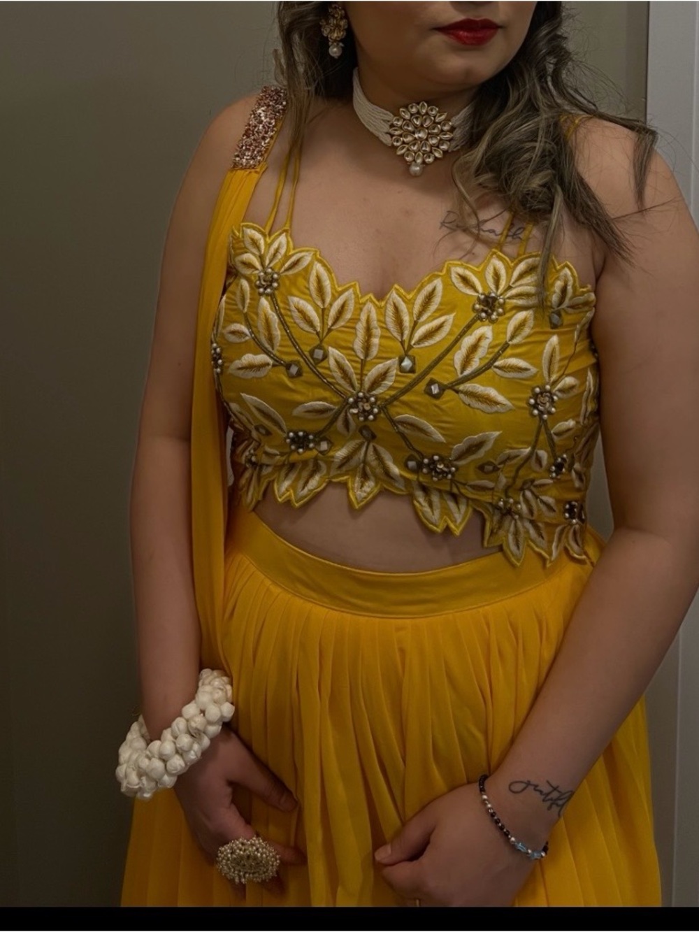 Yellow Floral Embroidered Bridal Crop Top Dress by